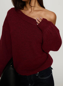 back view of model wearing Princess Polly Noble Off The Shoulder Sweater Red Cropped Jumpers 