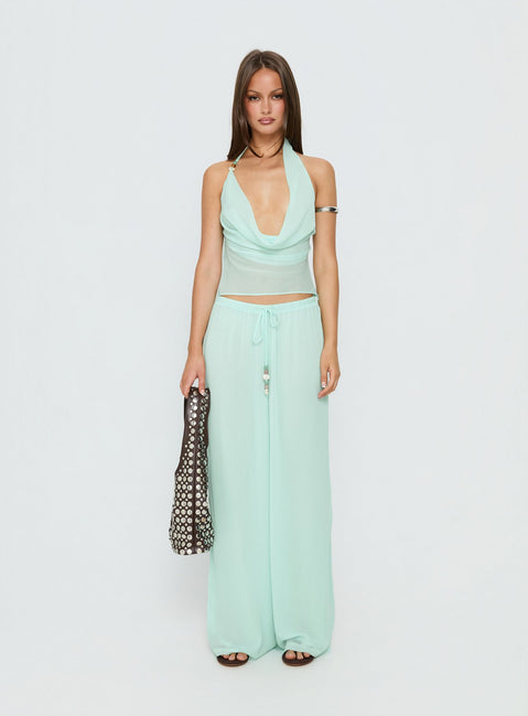 side view of model wearing Princess Polly Distinction Chiffon Pants Aqua Mid Rise Pants Pants 