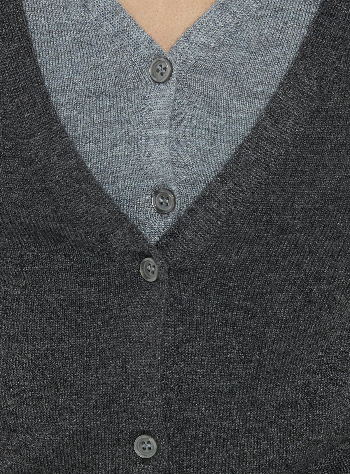 Highlighting the Shadow Cardigan Dark Grey womens jumpers with short top length detail view