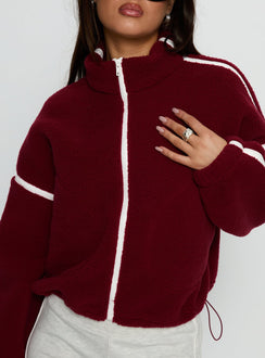 front view of model wearing Princess Polly Sammee Polar Fleece Contrast Zip Through Jacket Red Cropped Jumpers Jumpers 