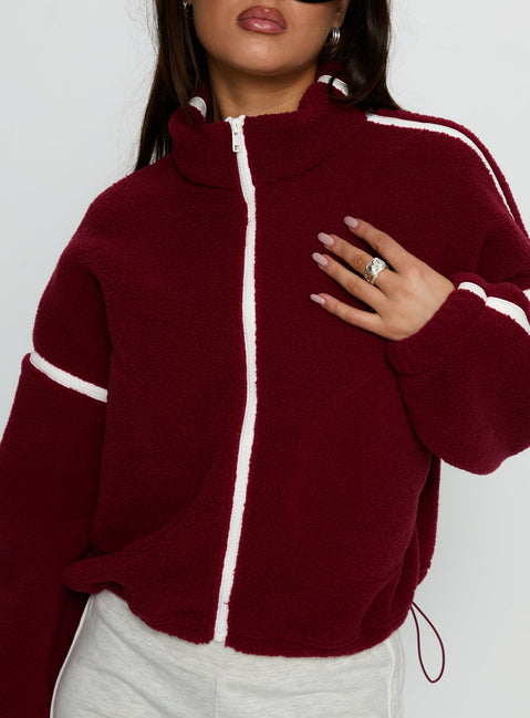 front view of model wearing Princess Polly Sammee Polar Fleece Contrast Zip Through Jacket Red Cropped Jumpers Jumpers 