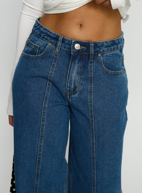 back view of model wearing Princess Polly Lando Low Rise Straight Leg Jeans Mid Blue Wash Mid Rise Jeans Jeans 