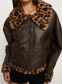 Brandyn Faux Fur Trim Jacket Brown / Leopard