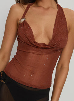 Victorina Hardware Detail Cowl Neck Top Brown