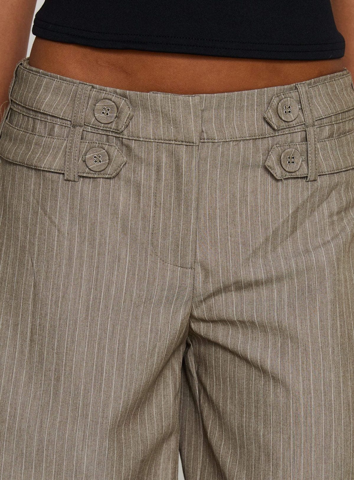 back view of model wearing Princess Polly Jette Tailored Buckle Pant Taupe Pinstripe Mid Rise Pants Pants 