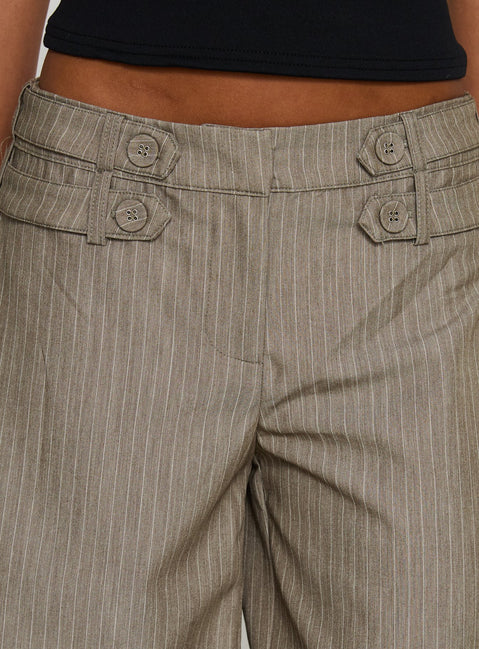 back view of model wearing Princess Polly Jette Tailored Buckle Pant Taupe Pinstripe Mid Rise Pants Pants 