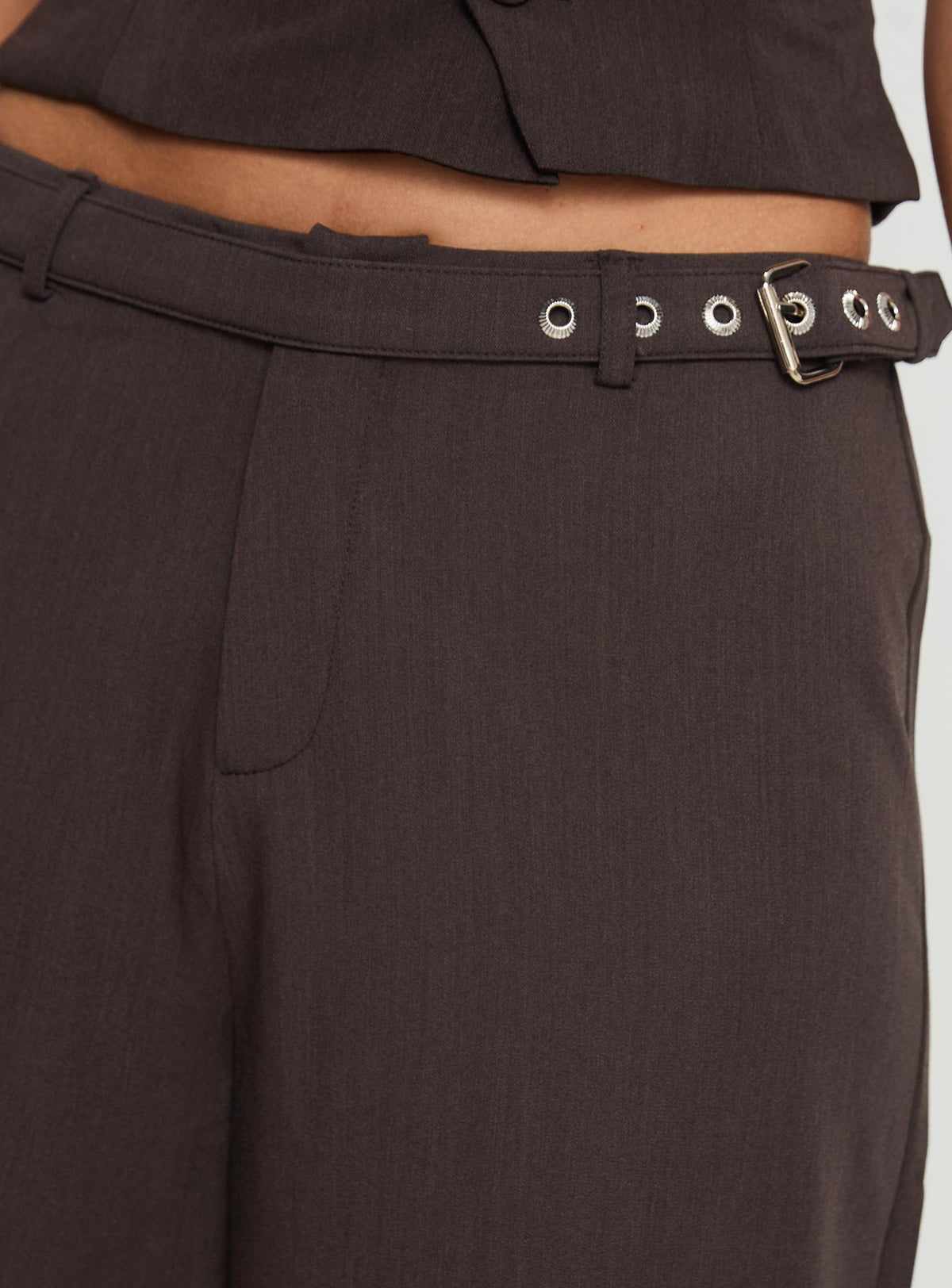 back view of model wearing Princess Polly Miku Pants Brown Mid Rise Pants Pants 