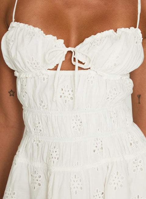 back view of model wearing Princess Polly Wish Me Luck Shirred Mini Dress White Sweetheart Neckline 
