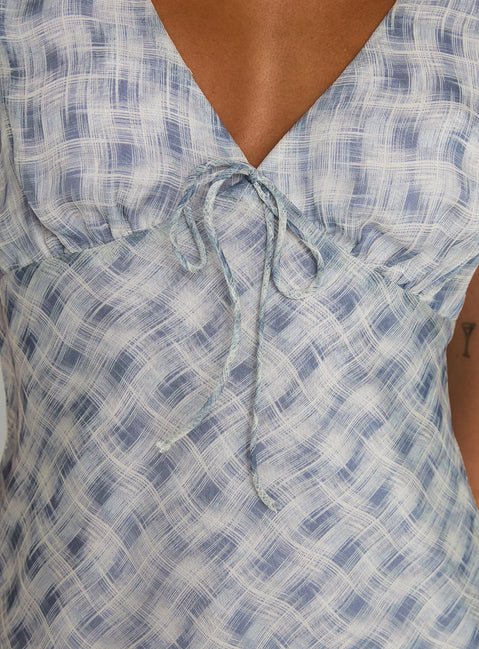 back view of model wearing Princess Polly My Last Love Top Blue Check Short Sleeves Plunger 