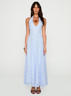 back view of model wearing Princess Polly Hours In Silence Drop Waist Maxi Dress Blue Plunger 