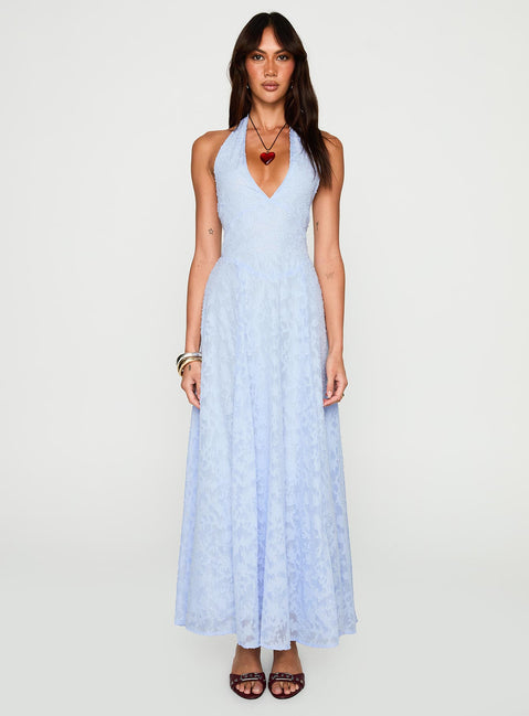 back view of model wearing Princess Polly Hours In Silence Drop Waist Maxi Dress Blue Plunger 