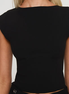 back view of model wearing Princess Polly Ayumi Top Black Short Sleeves Crew Neck 
