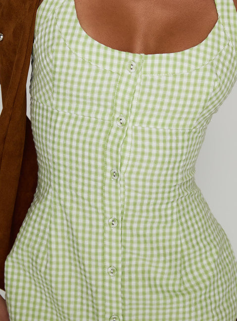 back view of model wearing Princess Polly Mallorie Halter Mini Dress Green Check Scoop Neck 