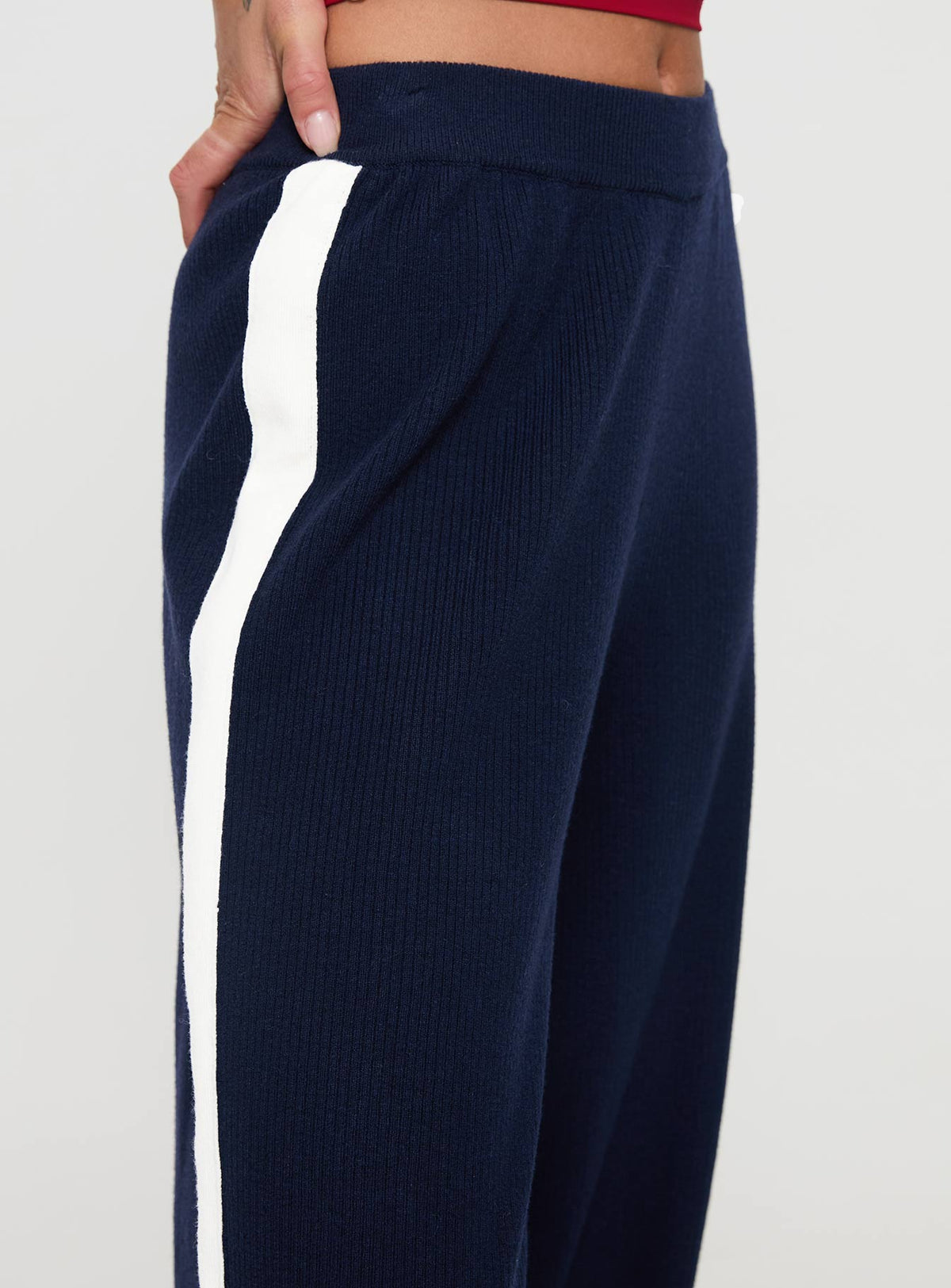 side view of model wearing Princess Polly Albright Pants Navy / Milk Mid Rise Pants Pants 
