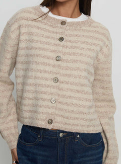 Highlighting button details on the Raynna Cardigan Beige Stripe womens jumpers with short length Princess Polly