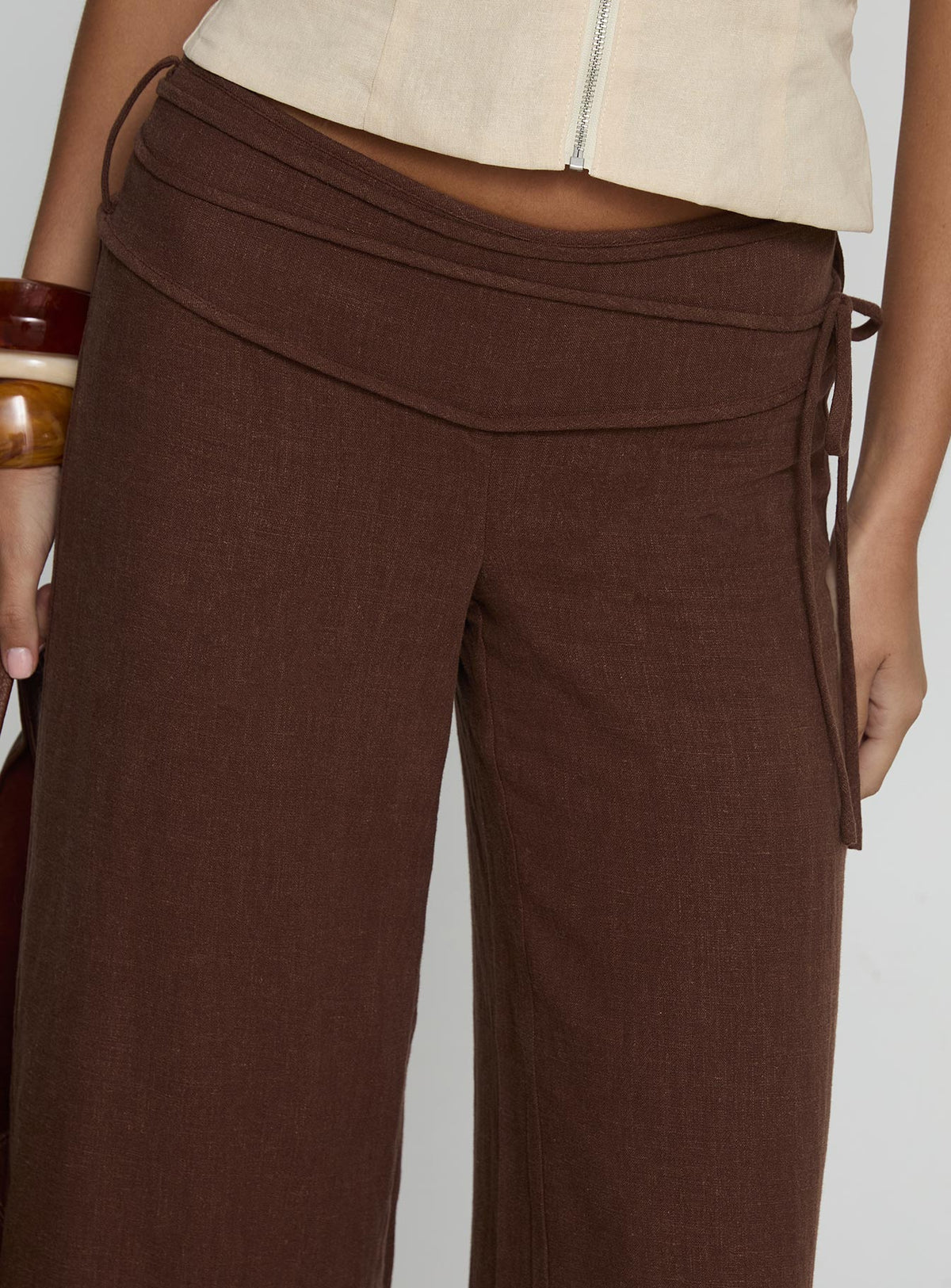back view of model wearing Princess Polly Silver Moon Linen Blend Tie Pants Brown Petite Mid Rise Pants Pants 