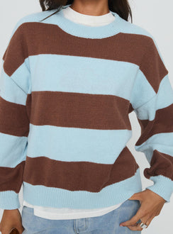 front view of model wearing Princess Polly Ardentia Crew Neck Knit Sweater Aqua Stripe Longline Jumpers Jumpers 