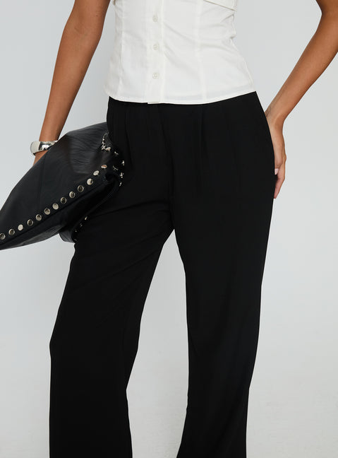 side view of model wearing Princess Polly Ambient Wide Leg Pant Black High Rise Pants Pants 