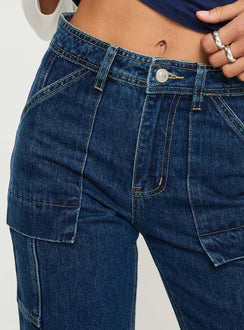 back view of model wearing Princess Polly Chad High Rise Wide Leg Cargo Jeans Dark Wash Denim Mid Rise Jeans Jeans 
