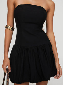back view of model wearing Princess Polly Nerine Bubble Hem Mini Dress Black Straight Neck 