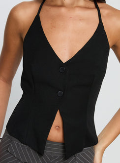 front view of model wearing Princess Polly No Sleep Halter Top Black Sleeveless V-Neck 