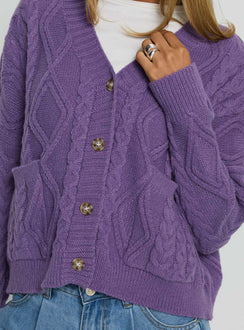 front view of model wearing Princess Polly Dillian Cable Knit Cardigan Purple Cropped Jumpers Jumpers 