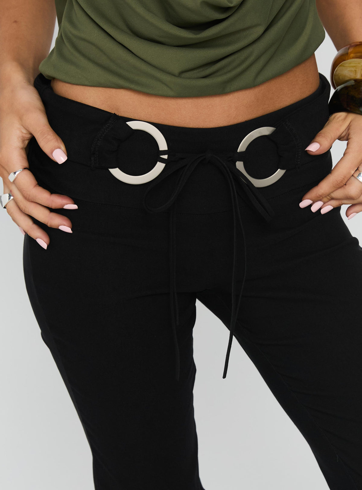 back view of model wearing Princess Polly Twinflame Low Rise Hardware Pants Black Low Rise Pants 