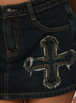Highlighting the frayed cross applique on Barracuda Denim Mini Skirt Grunge Wash womens-skirts Princess Polly