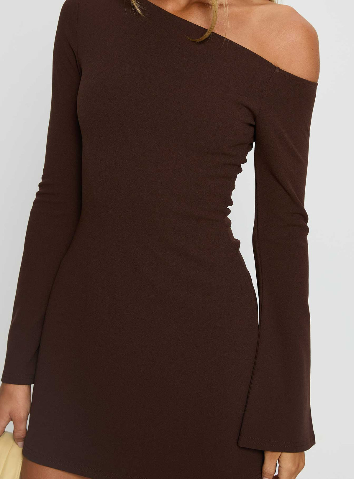 Adrietta Long Sleeve Off Shoulder Mini Dress Brown Petite