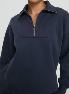 back view of model wearing Princess Polly Dream Fleece Quarter Zip Sweatshirt Navy Jumpers 