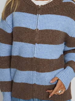Highlighting the Queena Zip Through Knit Sweater Blue Stripe in womens-jumpers with long fit product Princess Polly