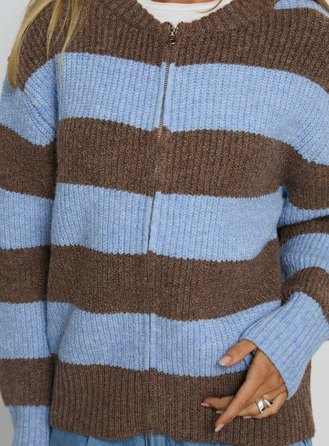 Highlighting the Queena Zip Through Knit Sweater Blue Stripe in womens-jumpers with long fit product Princess Polly