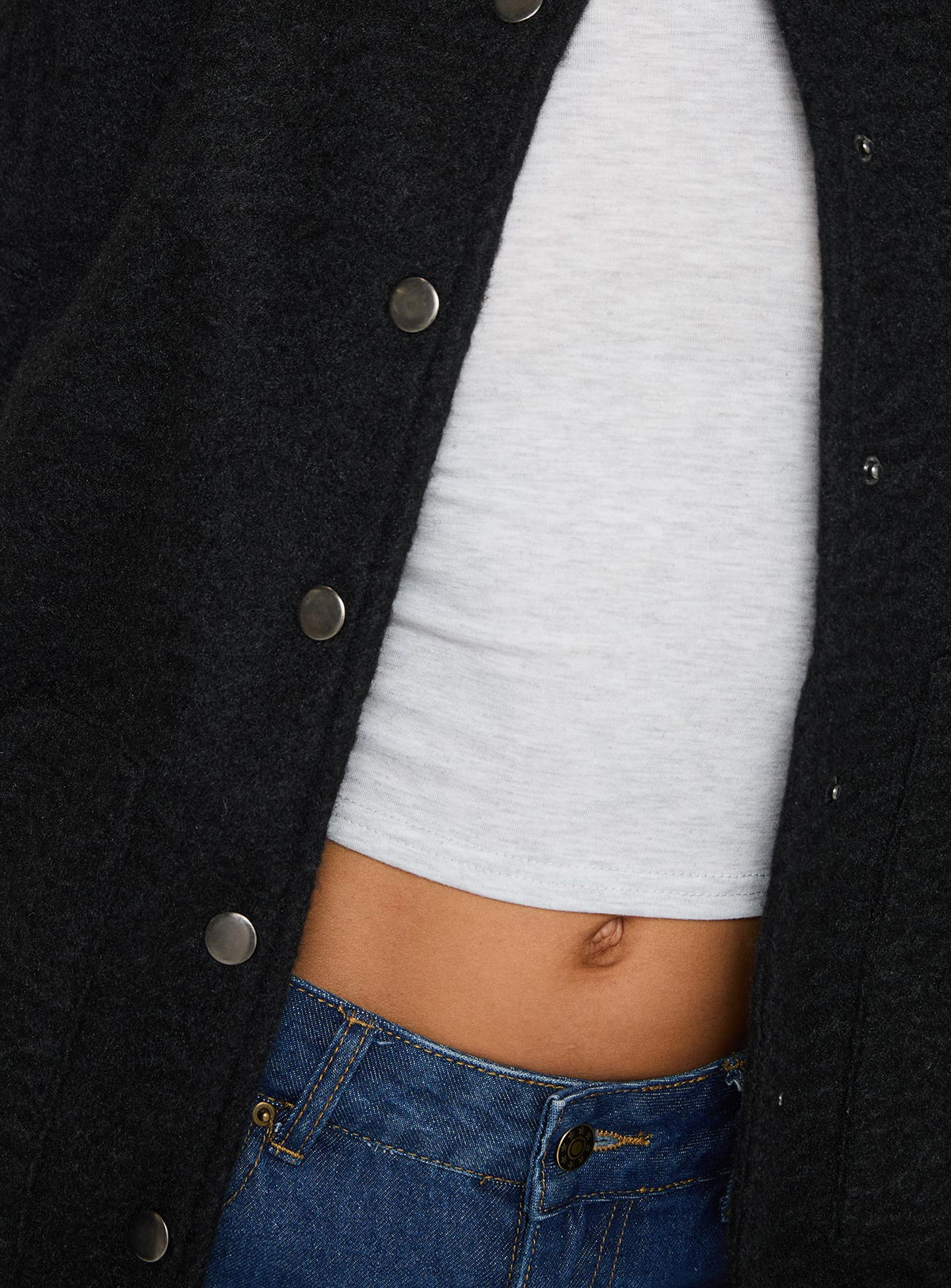 Bomber jacket High neckline, button fastening, twin hip pockets, elasticated waistband Non-stretch material, unlined