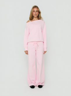 Featuring Dodie Wide Leg Pants Pink in womens regular pants with mid-rise front view of model wearing
