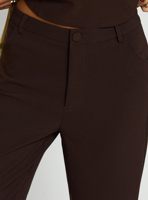 back view of model wearing Princess Polly Kinsie Tailored Pants Brown High Rise Pants Pants 