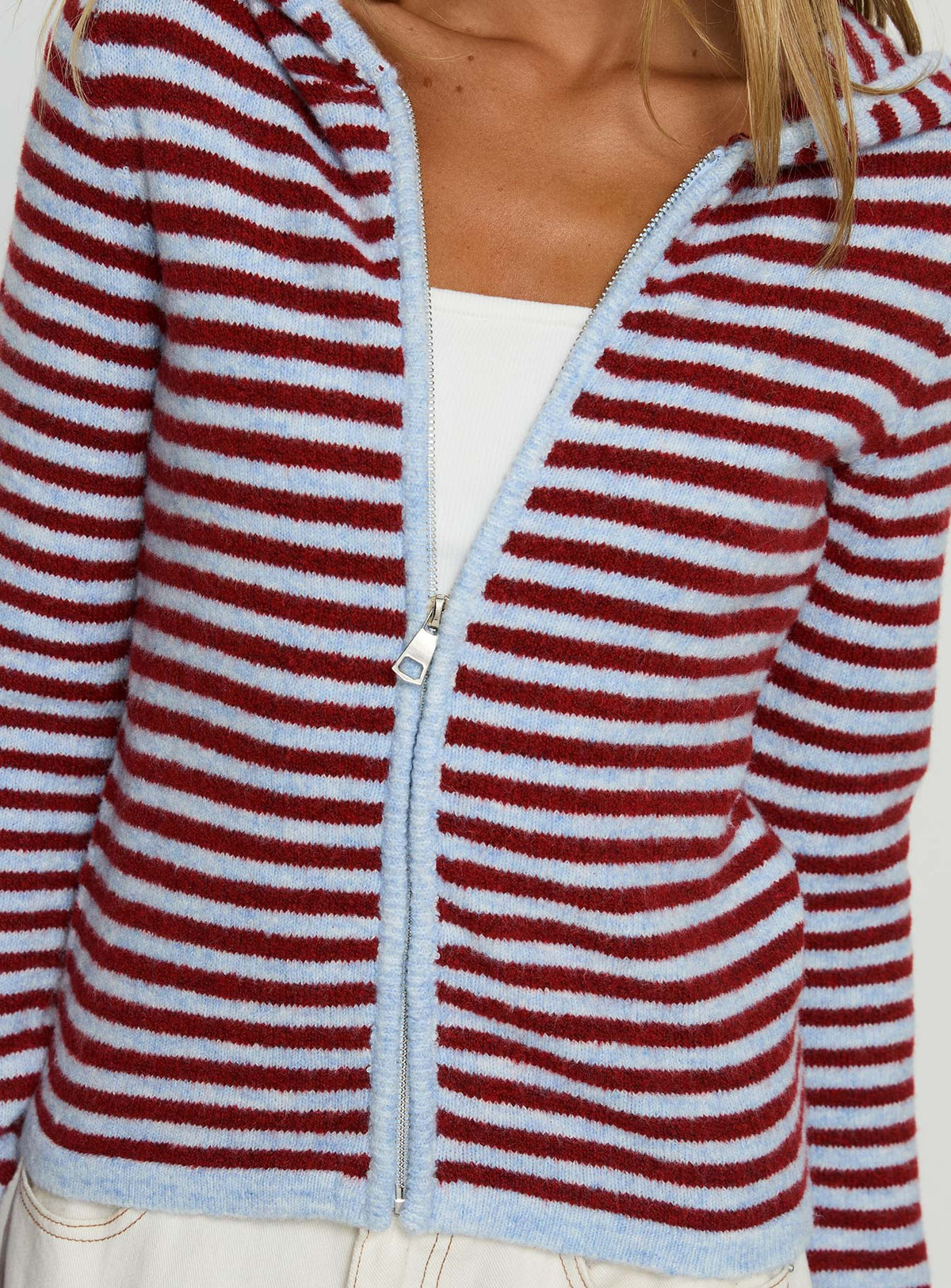 back view of model wearing Princess Polly Superstars Zip Through Hoodie Blue / Red Stripe cropped 