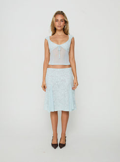 Showcasing the Quani Lace Midi Skirt Blue in womens-skirts with fitted aline silhouette front view of model wearing Princess Polly