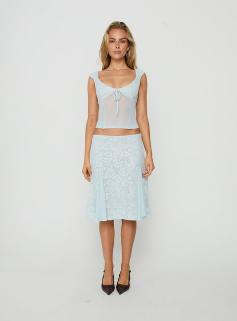 Showcasing the Quani Lace Midi Skirt Blue in womens-skirts with fitted aline silhouette front view of model wearing Princess Polly