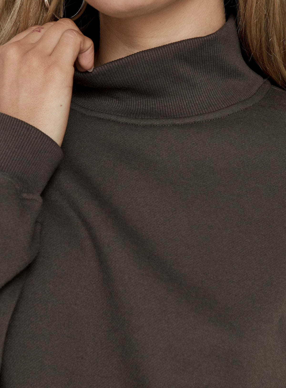 Featuring the Anyya Funnel Neck Crew Jumper Iron Grey womens-jumpers in short length detail view of model wearing Princess Polly