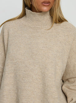 back view of model wearing Princess Polly Patrizia Funnel Neck Knit Sweater Beige Jumpers 