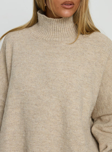 back view of model wearing Princess Polly Patrizia Funnel Neck Knit Sweater Beige Jumpers 