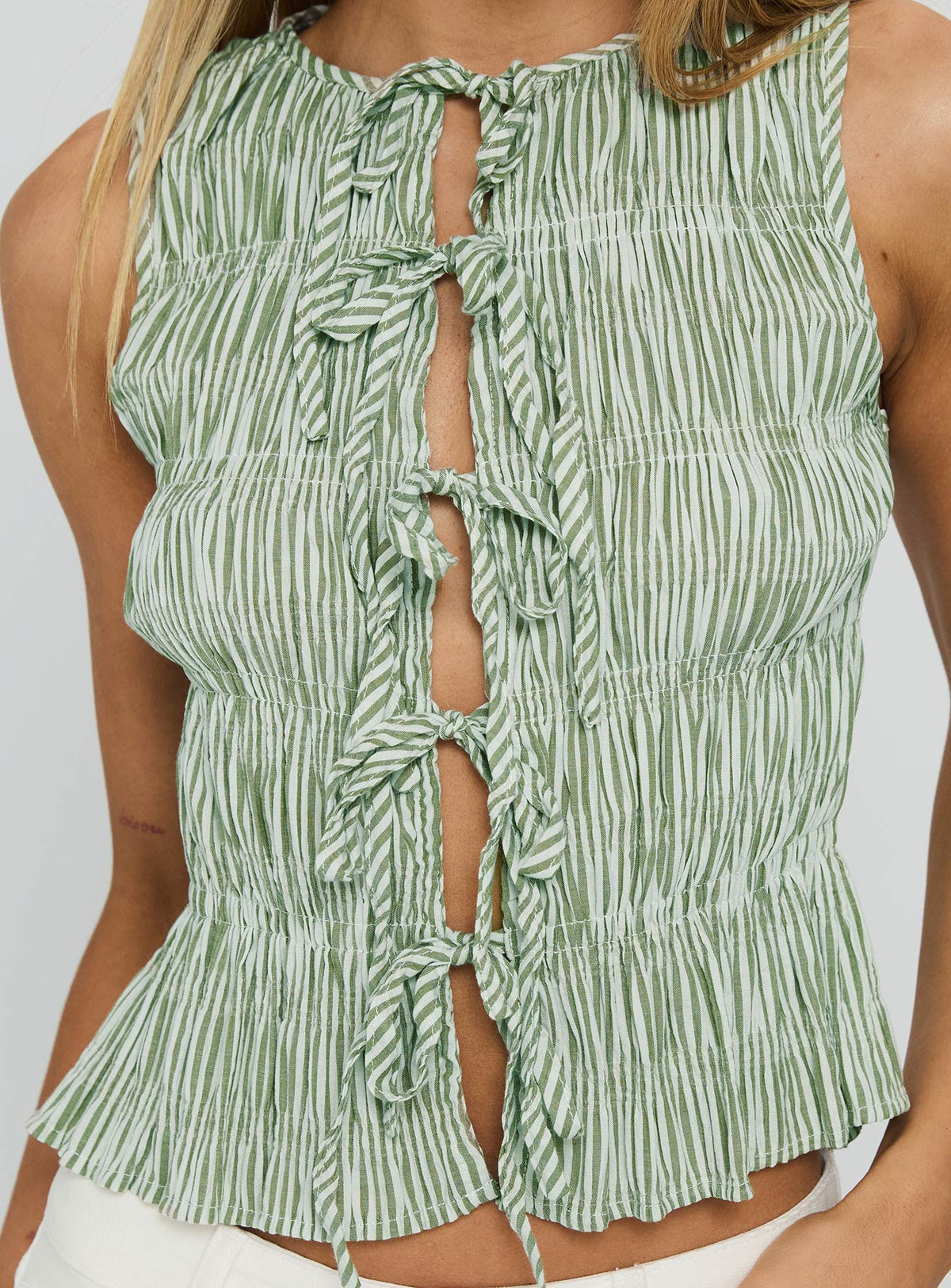 Apero Shirred Tie Front Top Green / White Stripe