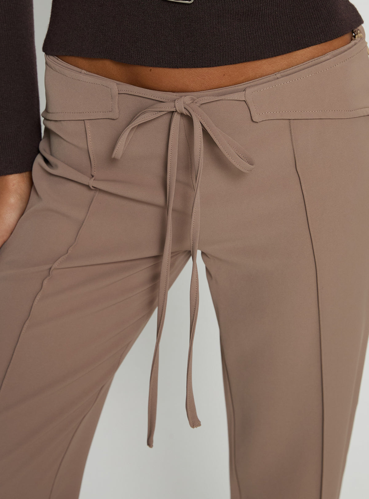 back view of model wearing Princess Polly Narratives Wrap Tie Trouser Pant Taupe Mid Rise Pants Pants 