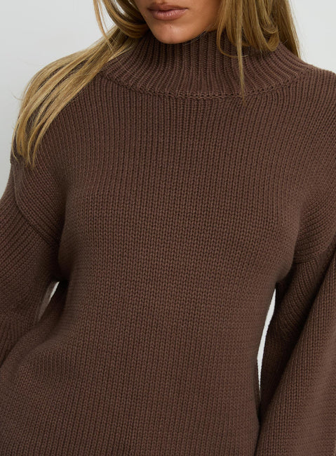back view of model wearing Princess Polly Neriel Funnel Neck Knit Sweater Chocolate Longline Jumpers Jumpers 