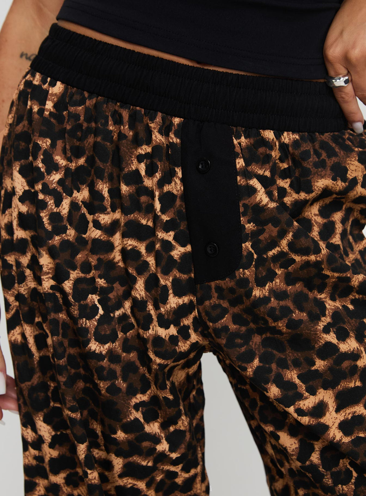 side view of model wearing Princess Polly Zephura Boxer Pant Leopard High Rise Pants Pants 