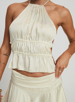 back view of model wearing Princess Polly Legacy Halter Top Ivory Sleeveless High Neck 