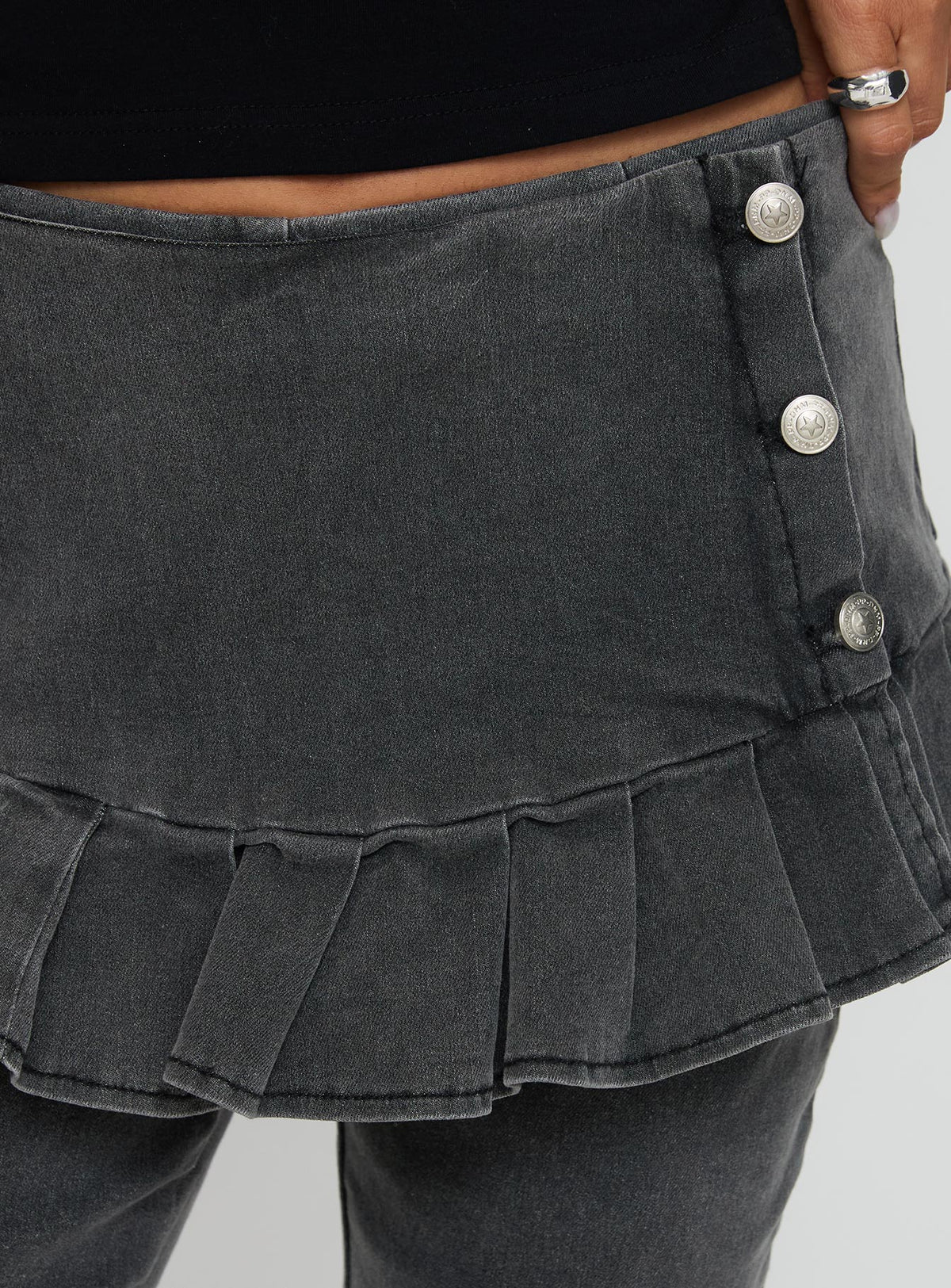side view of model wearing Princess Polly Jordynne Layered Pant Washed Black High Rise Pants Pants 