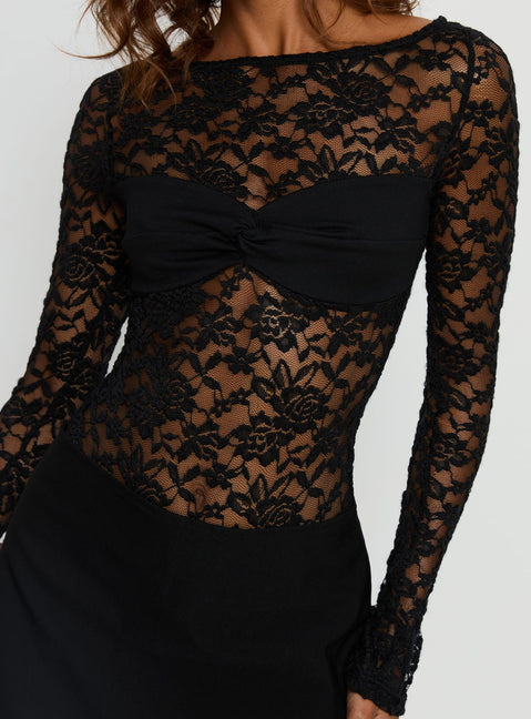 back view of model wearing Princess Polly Anjolene Lace Wrap Bust Bodysuit Black Long Sleeve Tops Bodysuit 