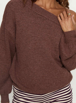 back view of model wearing Princess Polly Noble Off The Shoulder Sweater Chocolate Jumpers 
