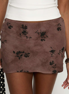 back view of model wearing Princess Polly Piazia mini skirt Brown Floral Mini Skirts Skirts 